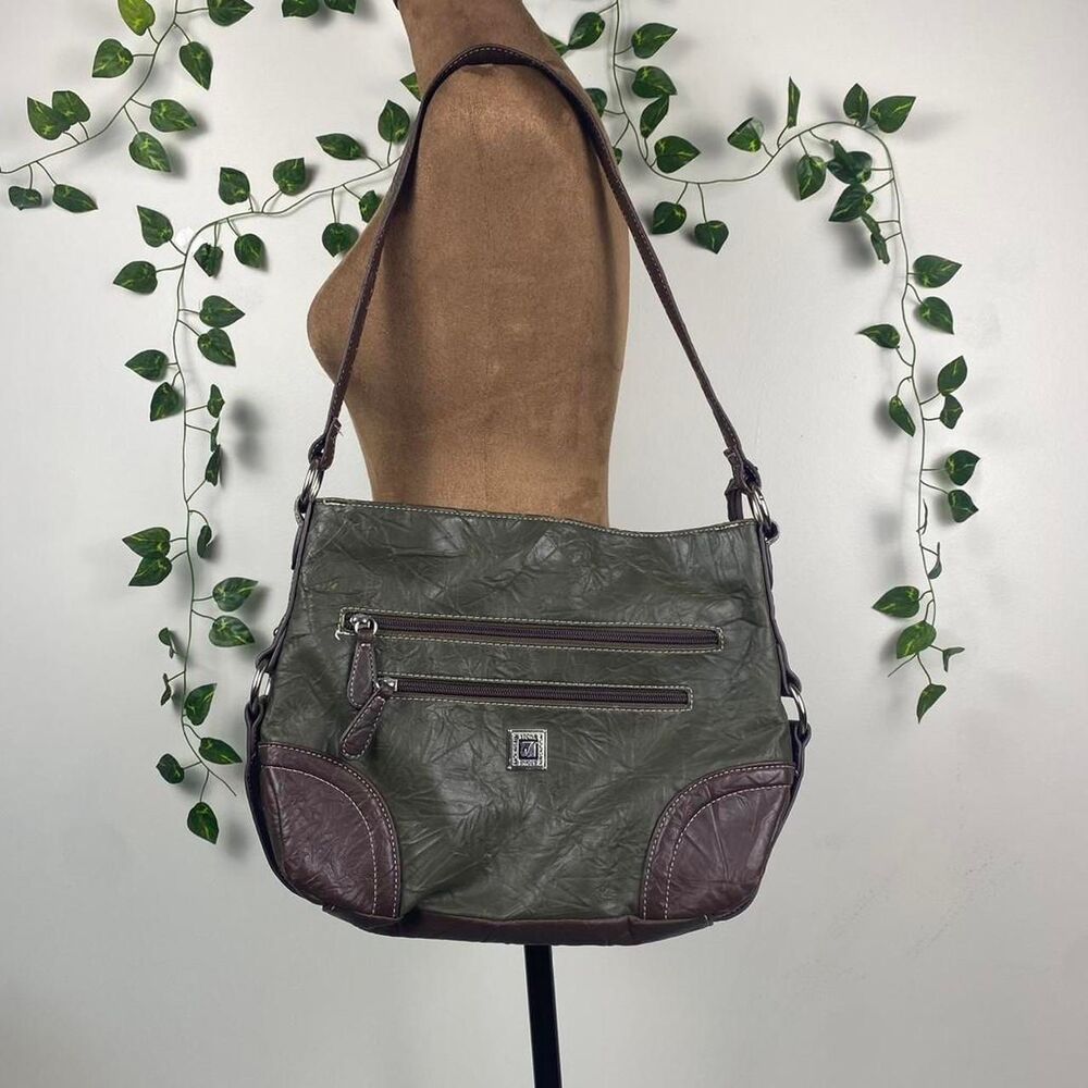 Stone Mountain Olive Green & Brown faux Leather Hobo Bag silver hardware